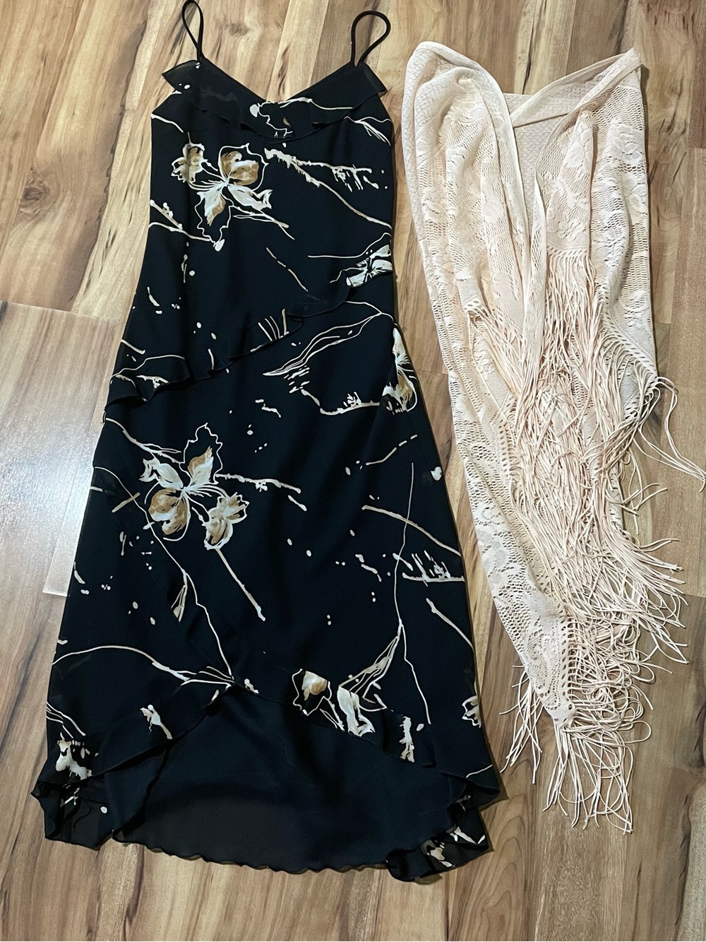 Vintage 90s Black Floral Asymmetric Dress M & Cream Crochet Fringe Shawl Set